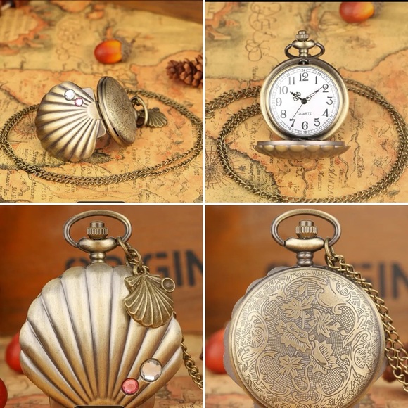 Other - 🎁 🧜🏽‍♀️ Antique style Mermaid Shell Pocket Watch w/ Chain (New)